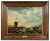 Andries Vermeulen, A frozen winter landscape with figures skating on a river near a windmill, Oil on panel