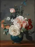 Anne Vallayer-Coster, Roses, orange blossom and other flowers in a blue vase, Oil on canvas