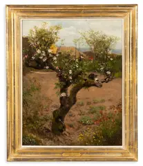 Herbert Alfred Bone, A cat in an apple tree, Oil on canvas