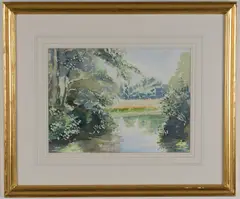 Sunset behind South Lake, Slimbridge by Jonathan Pomroy, Watercolour, sold Dec 2022
