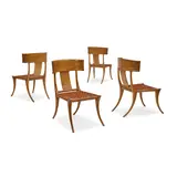 Set of Four Dining Chairs by T. H. Robsjohn-Gibbings, for Saridis of Athens, walnut, leather, with brass Saridis plaques on the undersides, offered Mar 2022