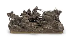 Vassili Yacovlevitch Grachev, patinated bronze figural group of a troika passing a peasant sleigh, patinated bronze