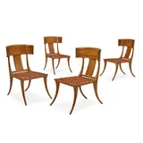 Set of Four Dining Chairs by T. H. Robsjohn-Gibbings, for Saridis of Athens, walnut, leather, with brass Saridis plaques on the undersides, offered Mar 2022