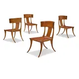 Set of Four Dining Chairs by T. H. Robsjohn-Gibbings, for Saridis of Athens, walnut, leather, with brass Saridis plaques on the undersides, offered Mar 2022