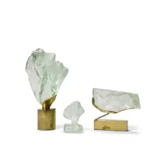 Group of Three Table Sculptures by Suzanne Pascal, glass, brass, two etched 'Pascal' and one etched 'Pascal 78', sold Mar 2022