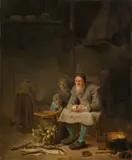 Pieter Jacobsz Duyfhuysen, Rettich schälender Alter in einer Küche, Um 1650, Öl auf Eichenholz