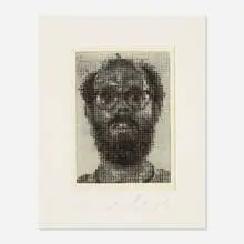 Self-Portrait by Chuck Close, 1996, photo engraving on silk tissue mounted on Hahnemühle paper, sold Nov 2020