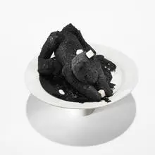 Charles LeDray, Untitled, 1991, stuffed velvet bear, Rancho Le Brea tar, sugar cubes, sawdust, porcelain plate and cup assemblage