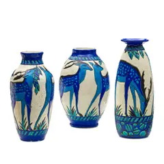 Charles Catteau, Group of Three Deer Vases, glazed earthenware, each numbered and stamped 'D