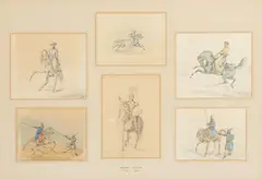 Henry Thomas Alken, Knights and Mounted Warriors, possibly Mamluks (a group of six), watercolor and pencil on paper