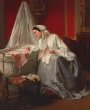 Jean-Baptiste Jules Trayer, Watching over baby, oil on panel