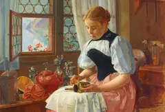 Edouard Castres, Polishing the metalware, oil on canvas