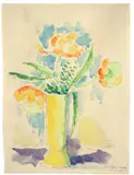 Blumen in gelber Vase by Alexej von Jawlensky, 1928, Aquarell über Feder in Braun auf bräunlichem Bütten, sold May 2011