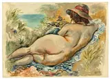 Liegender Rückenakt in den Dünen by George Grosz, Um 1940, Aquarell über Kohle auf festem Papier, sold Nov 2010