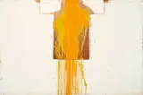 Hermann Nitsch, Kreuzwegstation XV, 1989, Öl, Hemd und Holzlatte auf Rupfen
