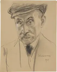 Max Liebermann, Selbstbildnis mit Mütze, 1923, Schwarze und weiße Kreide auf braunem Papier, auf leichten Karton aufgezogen