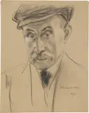 Max Liebermann, Selbstbildnis mit Mütze, 1923, Schwarze und weiße Kreide auf braunem Papier, auf leichten Karton aufgezogen