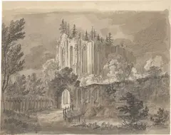 Carl Blechen, Gotische Kirchenruine im Walde“. 1820er-Jahre, Feder in Sepia, laviert, über Bleistift auf gelblichem Papier