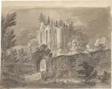 Carl Blechen, Gotische Kirchenruine im Walde“. 1820er-Jahre, Feder in Sepia, laviert, über Bleistift auf gelblichem Papier