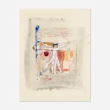 George Deem, Drawing with Calligraphy (Leonardo Da Vinci, Vitruvian Man), 1965, watercolor on paper