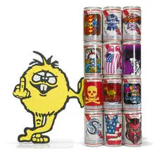 Pruitt, Sculpture for Teenage Boys + Case Accessory, circa 1985, beer cans with decals and painted wood with Plexiglas