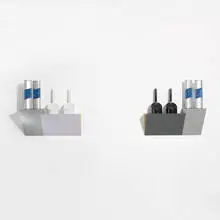 Haim Steinbach, Security and Serenity, 1986, wood, formica, molded plastic toilet brushes, kinetic glitter lamps