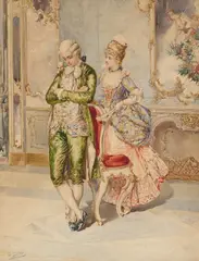Cesare Auguste Detti, An elegant couple in an interior, watercolor on paper