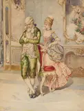 Cesare Auguste Detti, An elegant couple in an interior, watercolor on paper