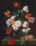 Franz Xaver Pieler, An opulent still life of assorted flowers in a vase with peaches on a stone ledge, oil on canvas