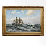 Carl Locher, Two frigates on open waters, oil on canvas