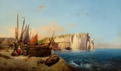Louis Bentabole, Fisherfolk unloading the day's catch, oil on canvas