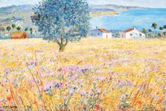 Michele Cascella, Farmhouses in a field on the Adriatic, oil on canvas