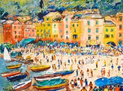Michele Cascella, Figures on a beach at a coastal resort town, oil on canvas
