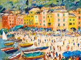 Michele Cascella, Figures on a beach at a coastal resort town, oil on canvas