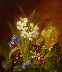 Emma Thomsen, Daffodils, primroses and lilies of the valley, oil on canvas