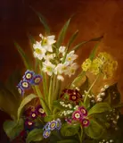 Emma Thomsen, Daffodils, primroses and lilies of the valley, oil on canvas