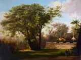 Figures in a park by English School, oil on canvas, sold Oct 2022