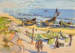 Fischerboote am Strand by Max Pechstein, 1949, Aquarell und Gouache auf leicht genarbtem Papier, sold Dec 2007