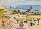Max Pechstein, Fischerboote am Strand, 1949, Aquarell und Gouache auf leicht genarbtem Papier