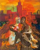 Umarmung am Pier by Rainer Fetting, 1987, Öl und bemaltes Holz auf Leinwand, sold Jun 2009