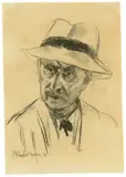 Max Liebermann, Selbstbildnis mit Panamahut, 1921, Kohle, teils gewischt, auf leichtem Karton