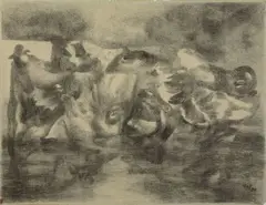 Richard Oelze, Z 74, Um 1949, Kohle auf graublauem Ingres-Bütten