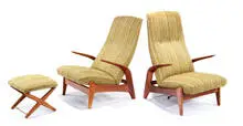 Norwegian Modern, Pair of Rock'n-Rest lounge chairs and foot stool, c. 1960, Gimson & Slater Ltd