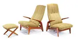 Norwegian Modern, Pair of Rock'n-Rest lounge chairs and foot stool, c. 1960, Gimson & Slater Ltd
