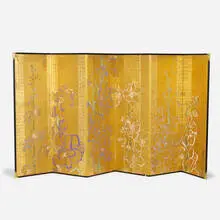 Delphiniums six-panel screen by Robert Kushner, 2001-03, oil, ink, glitter and gold leaf on Japanese screen, brass, sold Oct 2020