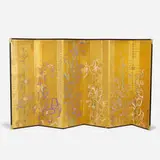 Robert Kushner, Delphiniums six-panel screen, 2001-03, oil, ink, glitter and gold leaf on Japanese screen, brass