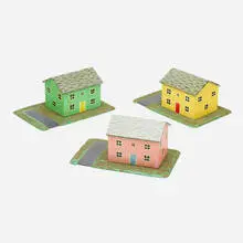 Rodney Greenblatt, Three Suburban Houses, 1984, acrylic, glitter, polyester, and wood construction