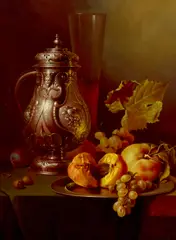 A still life of a silver flagon, a glass flute with peaches, grapes and tree nuts on a draped table by Gyula Bubarnik, oil on panel, sold Oct 2022