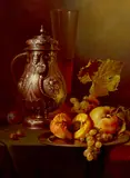 Gyula Bubarnik, A still life of a silver flagon, a glass flute with peaches, grapes and tree nuts on a draped table, oil on panel