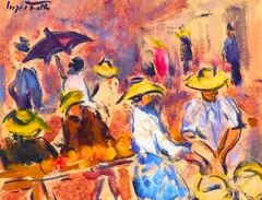 unknown Artist, Market Vendors, oil on paper laid to board